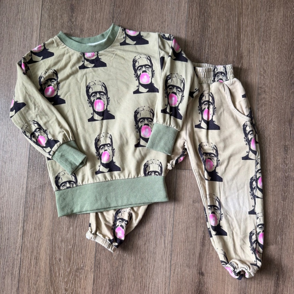 Velveteen Jogger Set Unisex 3T Olive Frankenstein Bubblegum Halloween Sweatsuit